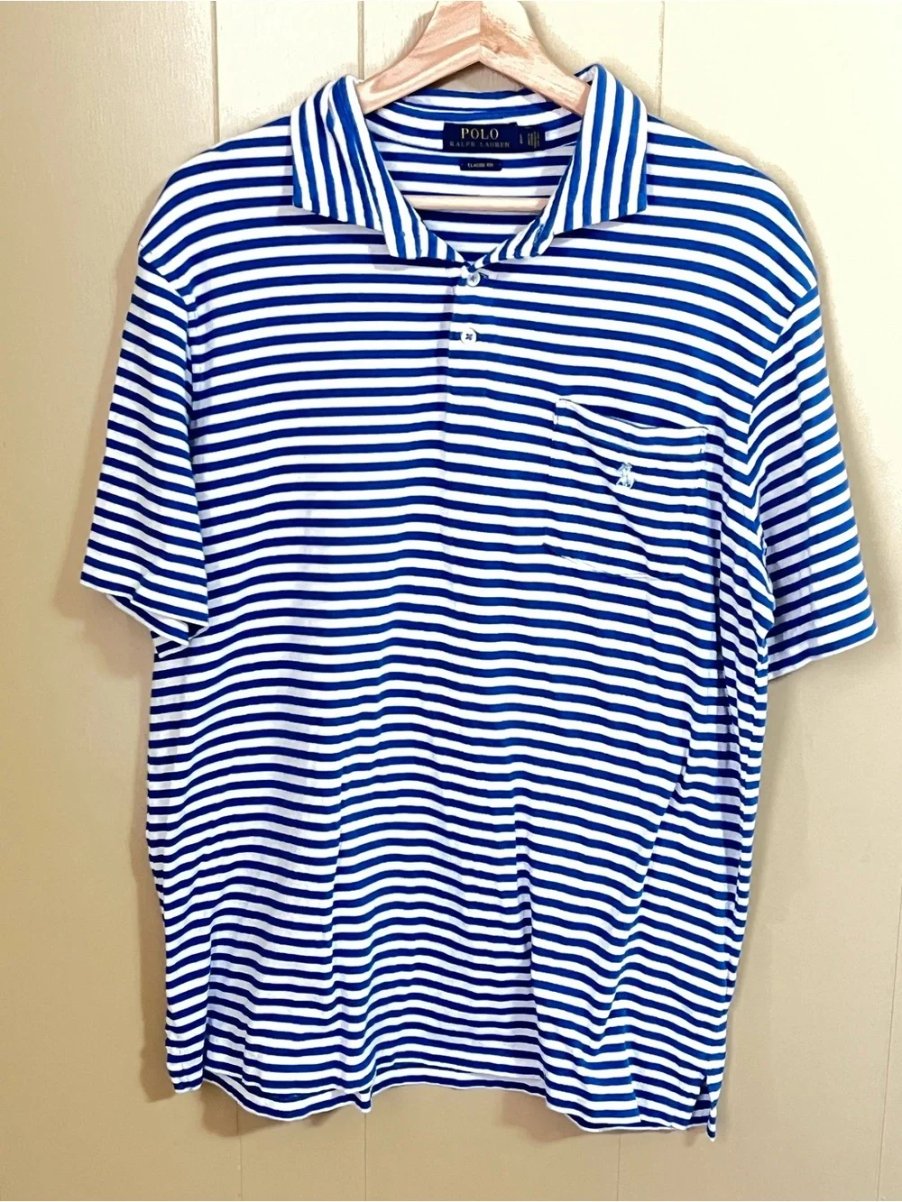 Polo by Ralph Lauren Large Men's Blue and White Stripe Polo Shirt